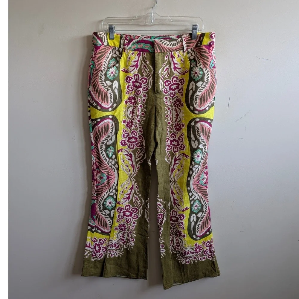Zara Women Olive Green Pink Paisley Floral Scarf Print Linen Blend Pants L